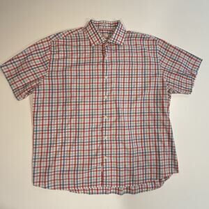 Peter Millar Shirt Mens 2XL Red Blue Plaid Button Up Short Sleeve Seaside Finish